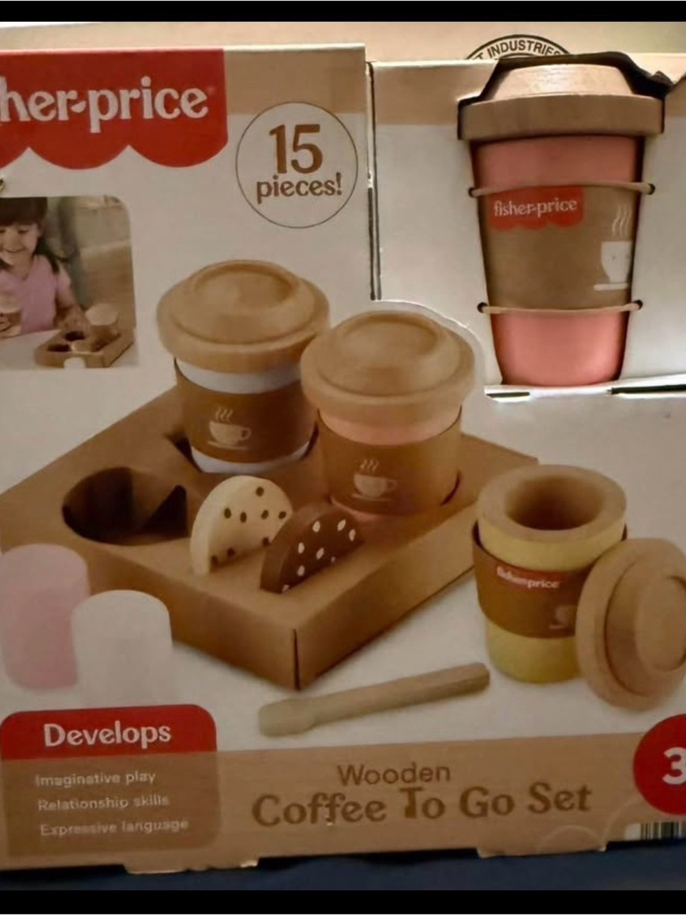 Fisher-Price Wooden Coffee To Go Play Set in Pink, Natural Wood and Yellow